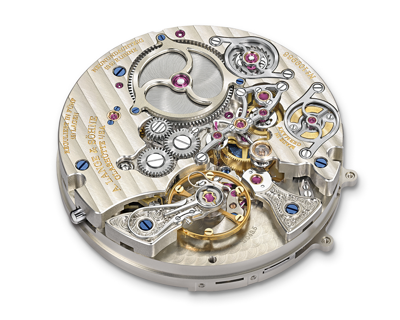 Vista frontal del calibre L043.5 del Zeitwerk Minute Repeater de A. Lange & Söhne.